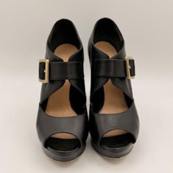 Michael Kors Black Leather Platform Heels Peep Toe Gold Buckle Women’s 6.5 - Picture 4 of 16